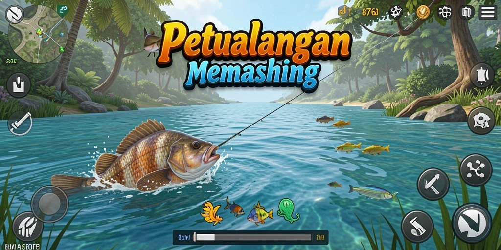 Screenshot gameplay 8768 yang menunjukkan aksi memancing yang seru.