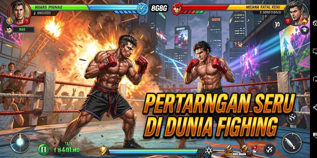 Screenshot gameplay 8G8G menampilkan pertarungan epik para karakter.