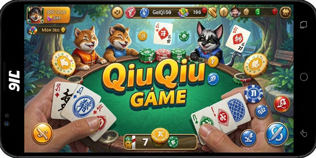 Tampilan gameplay QiuQiu yang seru dan dinamis.