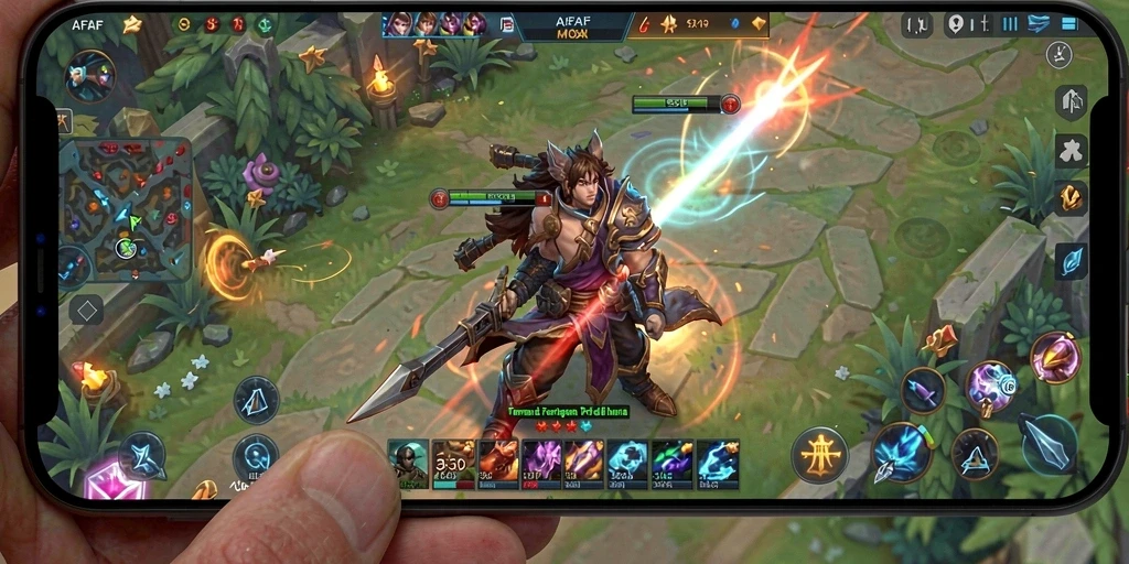 Tangkapan layar gameplay AFAF dengan aksi pertempuran MOBA yang mendebarkan.