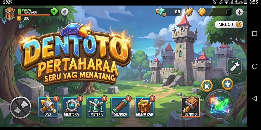 Screenshot DENTOTO menampilkan aksi pertahanan menara yang intens.
