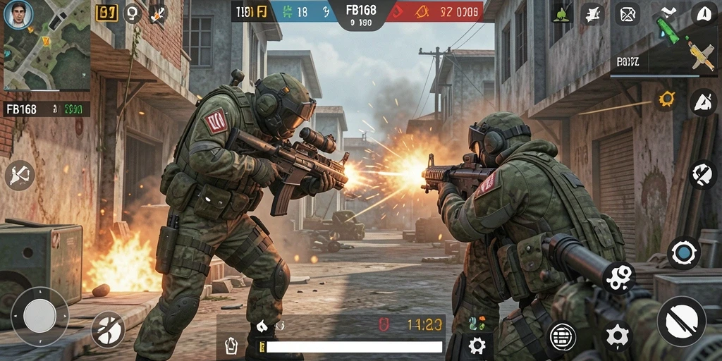 Screenshot gameplay FB168 menampilkan aksi tembak-menembak yang mendebarkan.