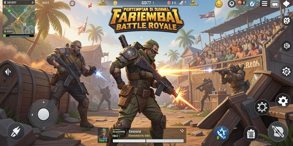 Tampilan gameplay <strong>GOD77</strong> yang dinamis dalam arena Battle Royale.
