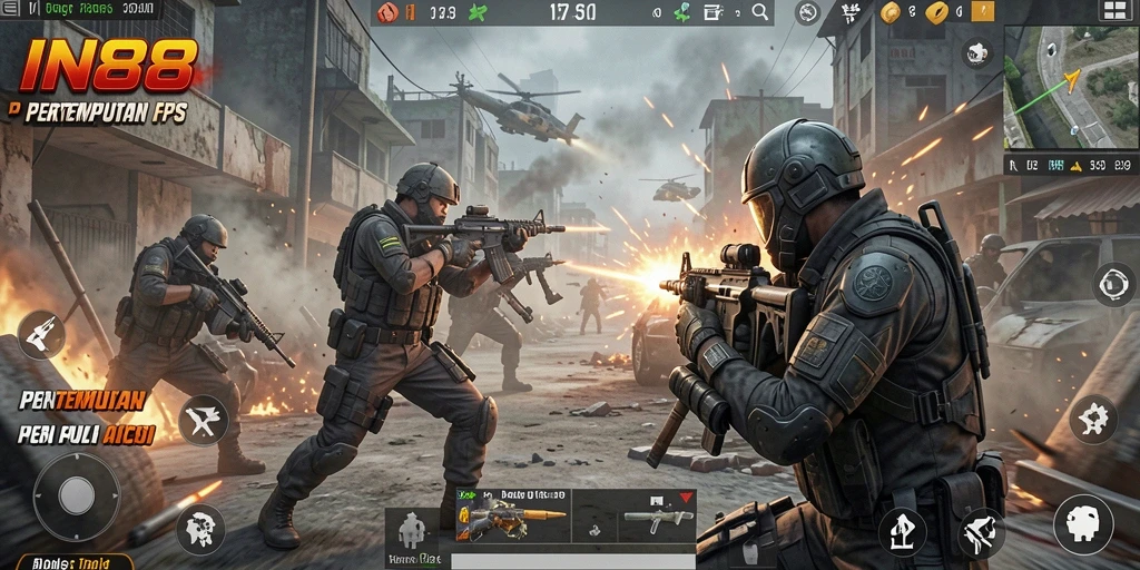 Tampilan gameplay IN88 dengan aksi pertempuran FPS yang mendebarkan.