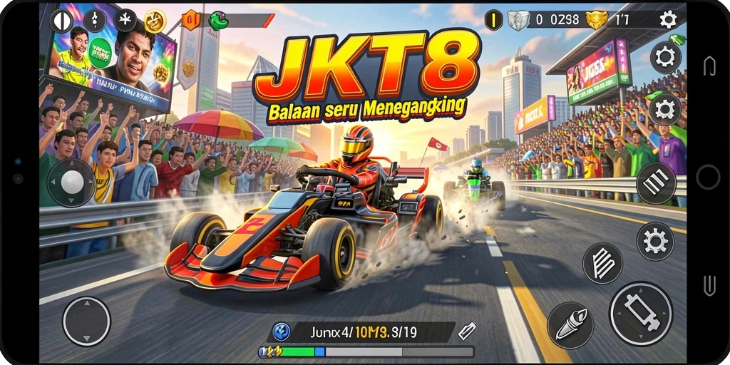 Screenshot JKT8 menampilkan aksi balapan yang mendebarkan dan grafik yang canggih.