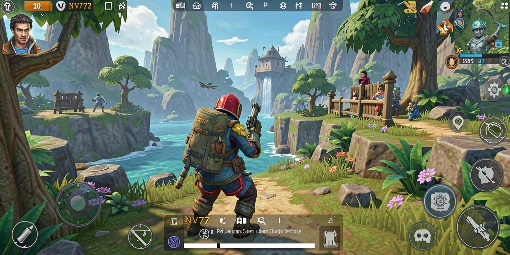 Screenshot gameplay NV77 menampilkan eksplorasi dalam dunia terbuka.