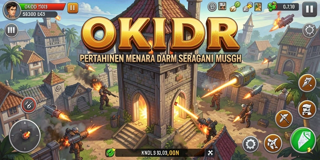 Screenshot gameplay seru dari OKIDR menampilkan pertahanan menara yang intens.