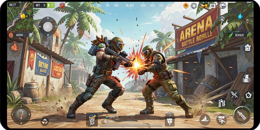 Tampilan gameplay intens RK77 dalam pertempuran Battle Royale.