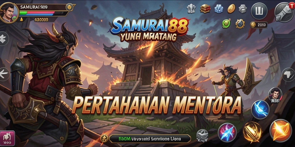 Tangkapan layar gameplay SAMURAI88 dengan menara dan musuh yang beragam.