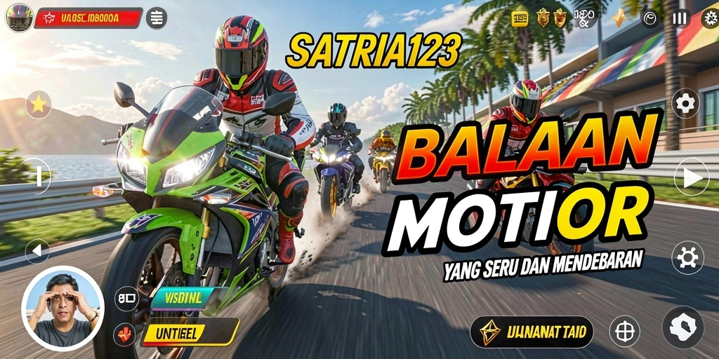 Screenshot gameplay SATRIA123 menampilkan serunya balapan motor di trek yang mendebarkan.