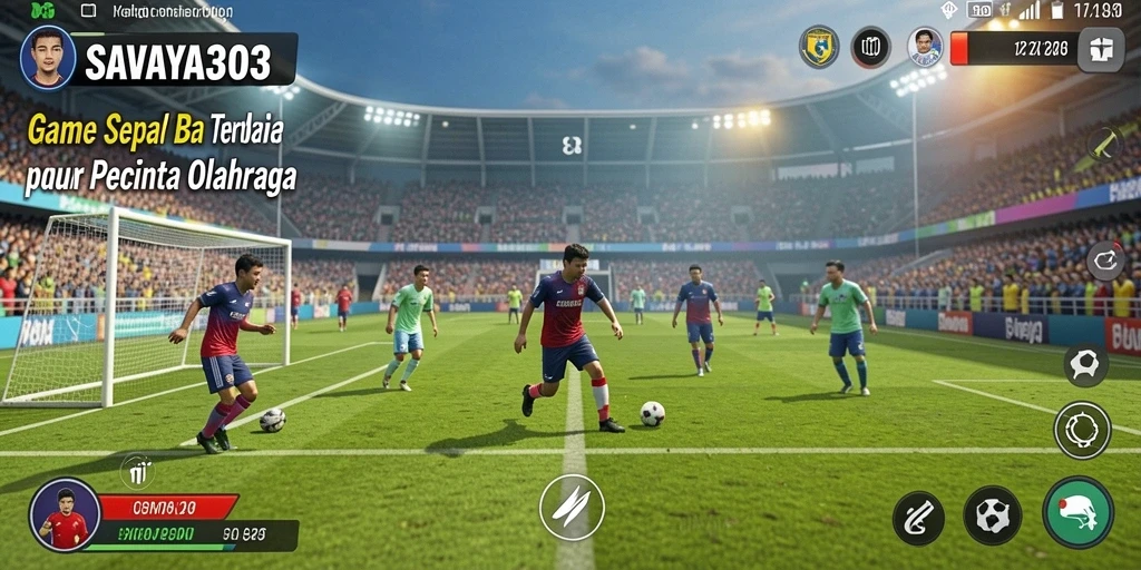 Tangkapan layar gameplay SAVAYA303 menunjukkan aksi seru di lapangan sepak bola.
