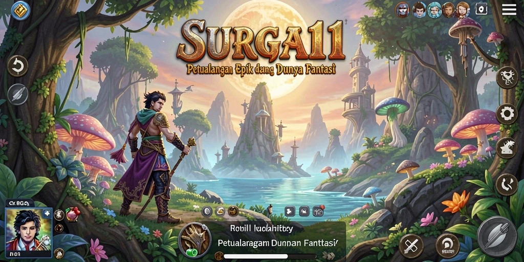 Screenshot gameplay SURGA11 menampilkan pertarungan epik di dunia fantasi.