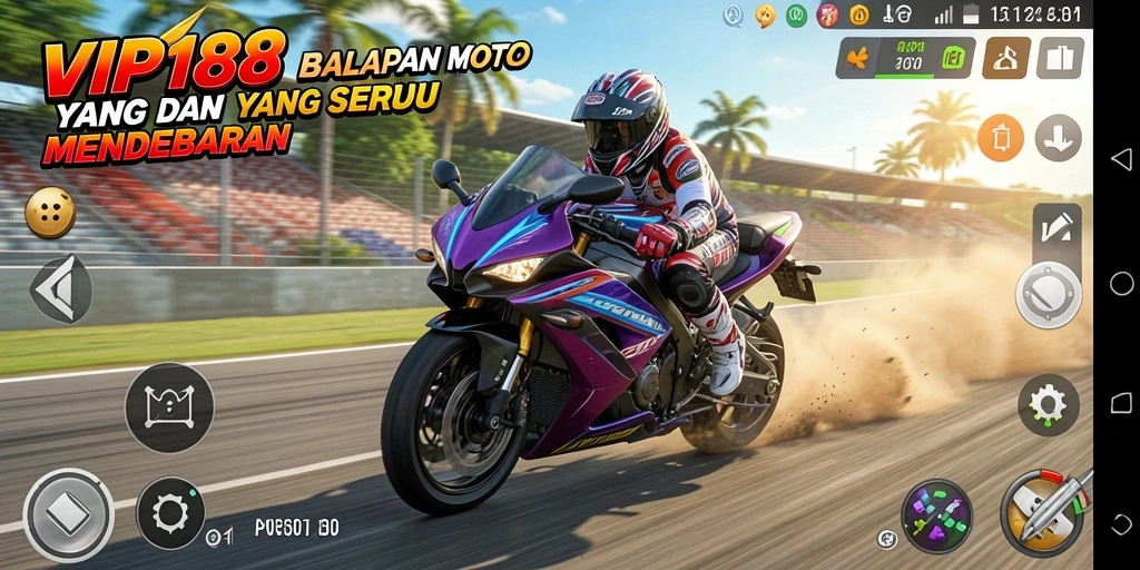 Tampilan gameplay VIP188 dengan motor-motor kece di lintasan balapan.